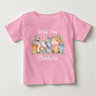 Wild One 1st Birthday Safari Animals Bow Pink Baby T-Shirt