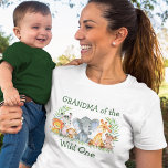 Wild One 1st Birthday Safari Animals Grandma T-Shirt<br><div class="desc">Grandma of the Wild One 1st Birthday Watercolor Safari Baby Animals Shirt. Baby Animals include Elephant,  Monkey,  Giraffe,  Rhino,  Zebra and Lion on fern leaves. Watercolor Botanical Greenery. Green Text.</div>