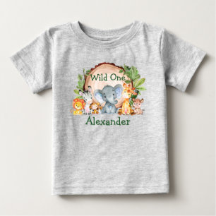 Wild One 1st Birthday Safari Animals Greenery Grey Baby T-Shirt