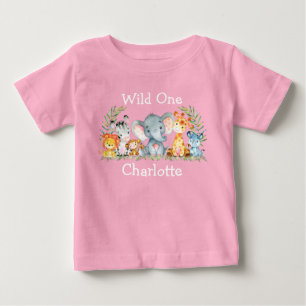 Wild One 1st Birthday Safari Animals Pink Baby T-Shirt