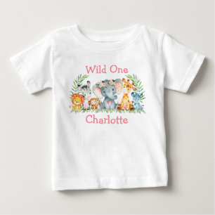 Wild One 1st Birthday Safari Animals Pink Flowers Baby T-Shirt