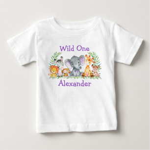 Wild One 1st Birthday Safari Animals Purple Baby T-Shirt