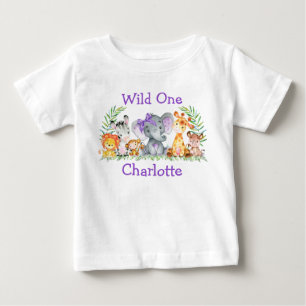 Wild One 1st Birthday Safari Animals Purple Bow Baby T-Shirt