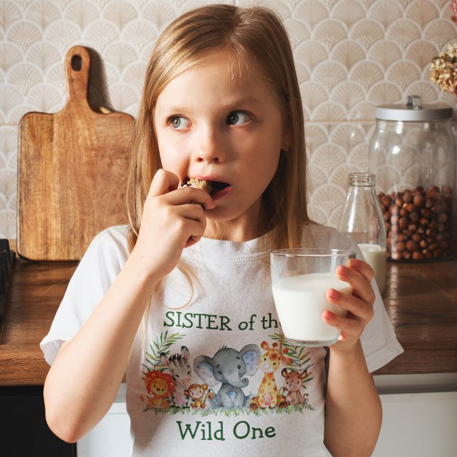 Wild One 1st Birthday Safari Animals Sister T-Shirt (Customize to change text color. Many sizes to choose from.)