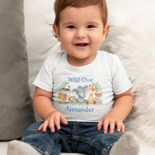 Wild One 1st Birthday Safari Animals White Blue Baby T-Shirt