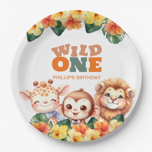 Wild One 1st Birthday Safari Lion Giraffe Monkey Paper Plate (Front)