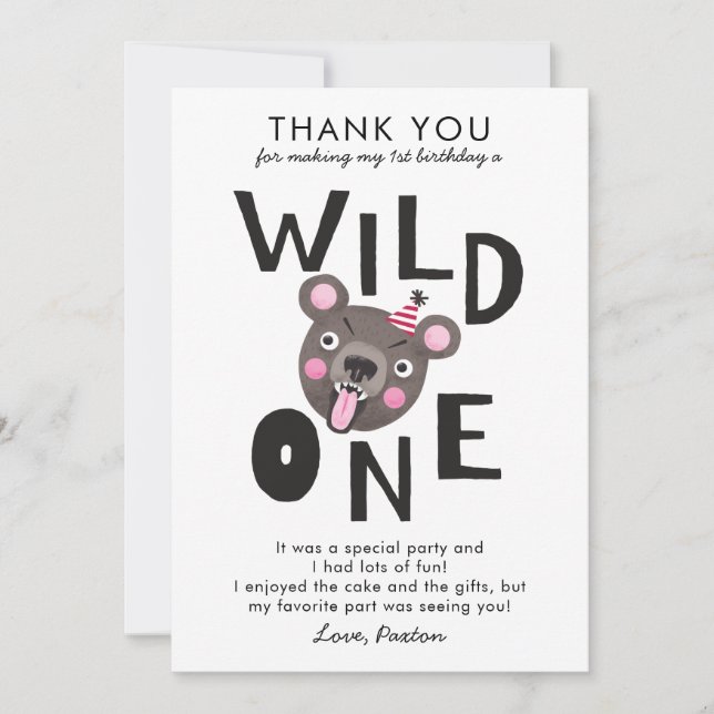 Wild One 1st Birthday Thank You Card (Front)