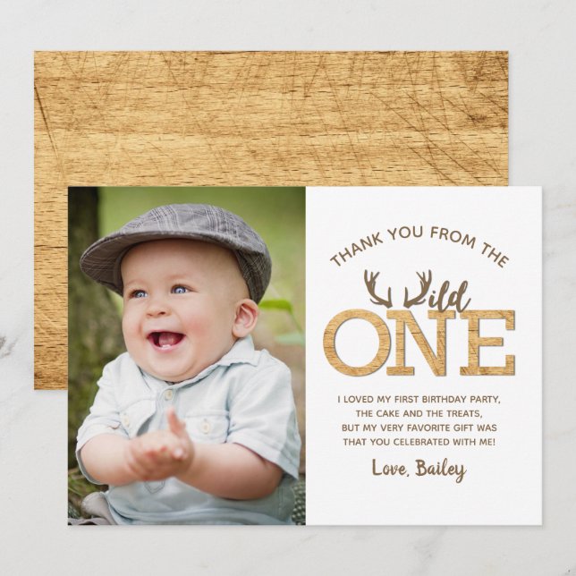 Wild One 1st Birthday Thank You Photo Card (Front/Back)