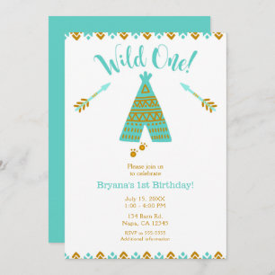 Wild One 1st Birthday Turquoise & Gold Tepee Party Invitation