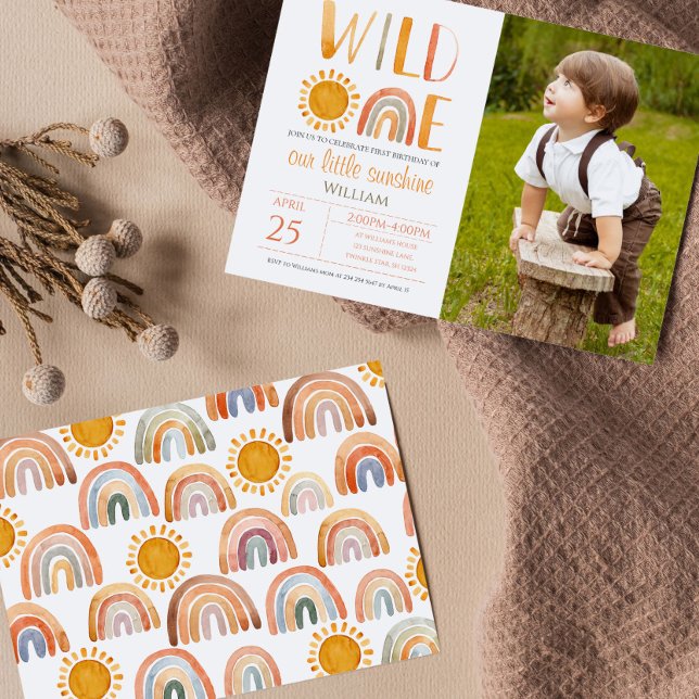 Wild One 1st Birthday Watercolor Rainbow and  Sun  Invitation (Creator Uploaded)