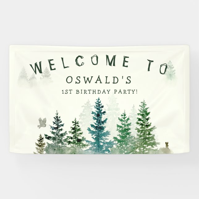 Wild One 1st Birthday Watercolor Woodland Animals Banner (Horizontal)
