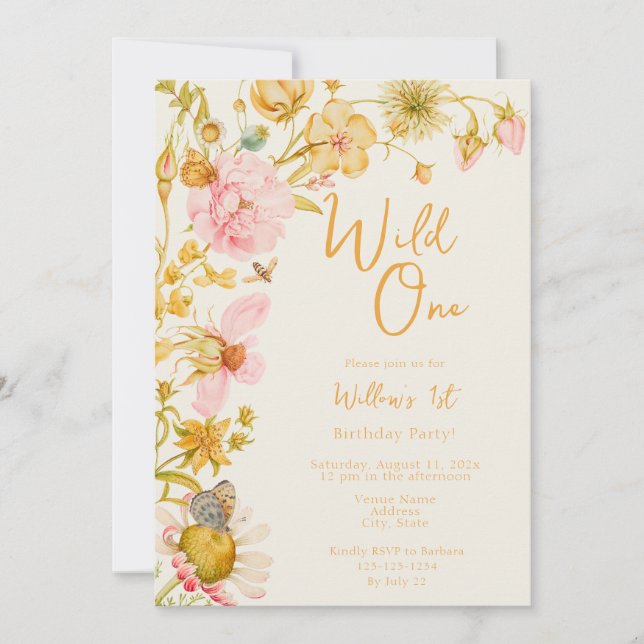 Wild One 1st Birthday Wildflower  Invitation (Front)