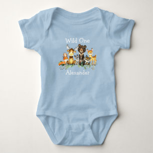 Wild One 1st Birthday Woodland Forest Animals Blue Baby Bodysuit