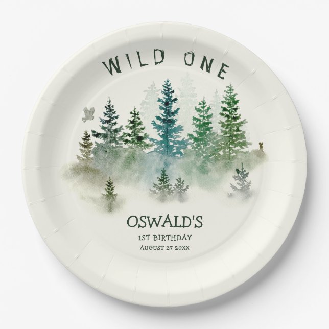 Wild One 1st Birthday Woodland Watercolor Paper Plate (Front)