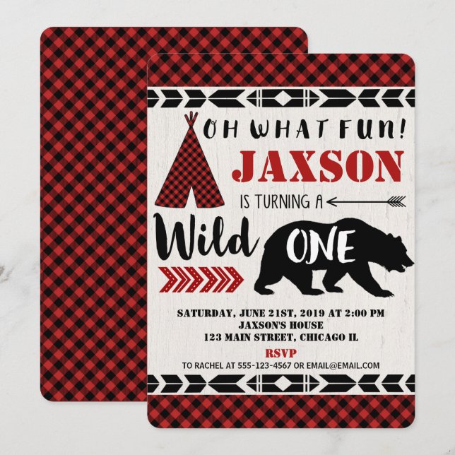 Wild one 1st first birthday invitation boy bear (Front/Back)