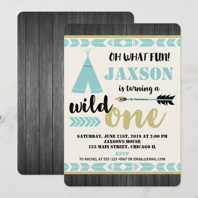 Wild one 1st first birthday invitation teal black (Front/Back)