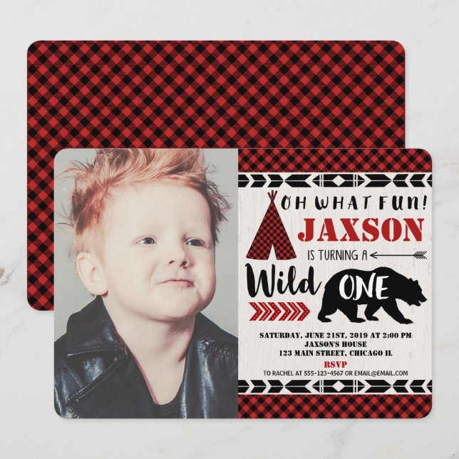 Wild one 1st first birthday photo invitation boy (Front/Back)
