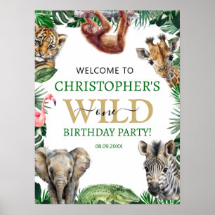 Wild One 1st Jungle Safari Birthday Welcome  Poster