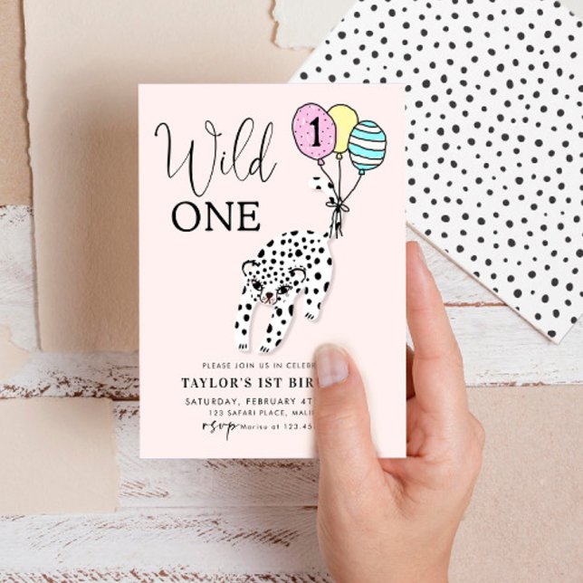 Wild One | 3D Leopard Balloon Girl 1st Birthday Invitation (Creator Uploaded)