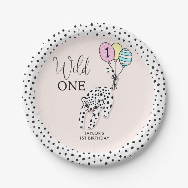 Wild One | 3D Leopard Balloon Girl 1st Birthday Paper Plate (Front)