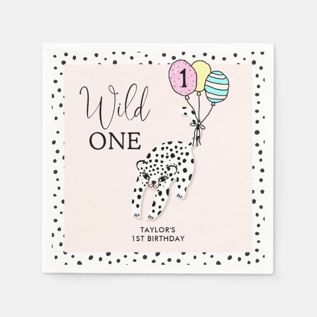 Wild One | 3D Leopard Balloon Girl's 1st Birthday Napkin (Front)