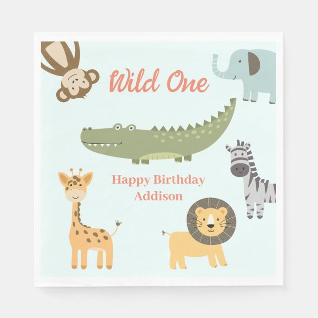 Wild One African Safari Animals 1st Birthday Napkin (Front)