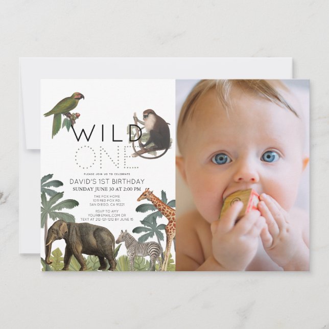 Wild One African Safari Animals Photo 1st Birthday Invitation (Front)
