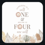 Wild One and Four Ever Wild Joint Party Square Sticker<br><div class="desc">A 1st and 4th joint Birthday design featuring watercolour lion faces and neutral toned safari leaves along the bottom. Perfect for your 'Wild One' and 'Four Ever Wild' safari themed Birthday party!</div>