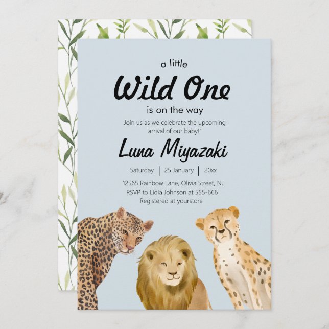 wild one animal lion cheetah for boy baby shower  invitation (Front/Back)