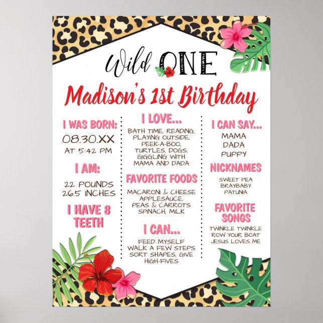 Wild One Animal Print 1st Birthday Milestone Sign (Front)