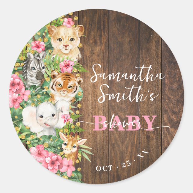 Wild One Animal Rustic Safari Pink Baby Shower Classic Round Sticker (Front)