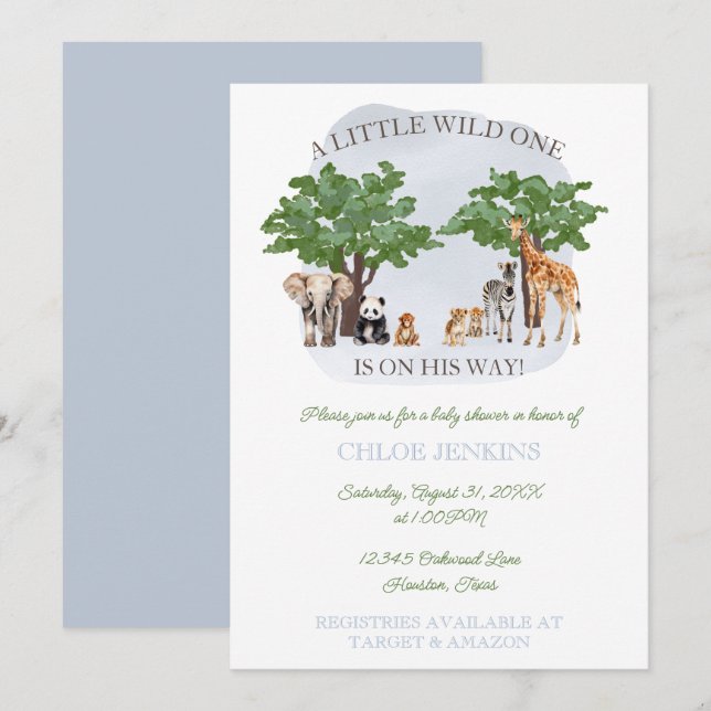 Wild One Animal Safari Baby Shower Invitation (Front/Back)