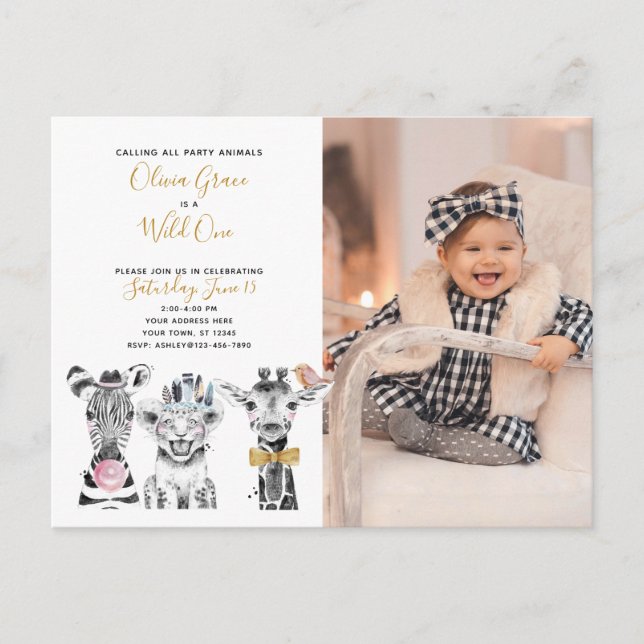 Wild One Animal Safari Baby's 1st Birthday Photo Invitation Postcard (Front)
