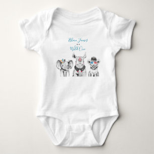 Wild One Animal Safari Black White Blue Birthday Baby Bodysuit