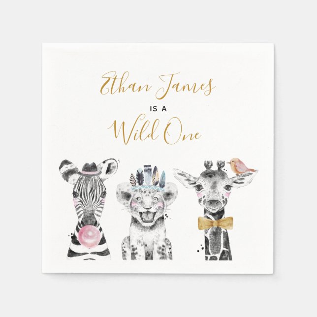 Wild One Animal Safari Black White Gold Birthday Napkin (Front)