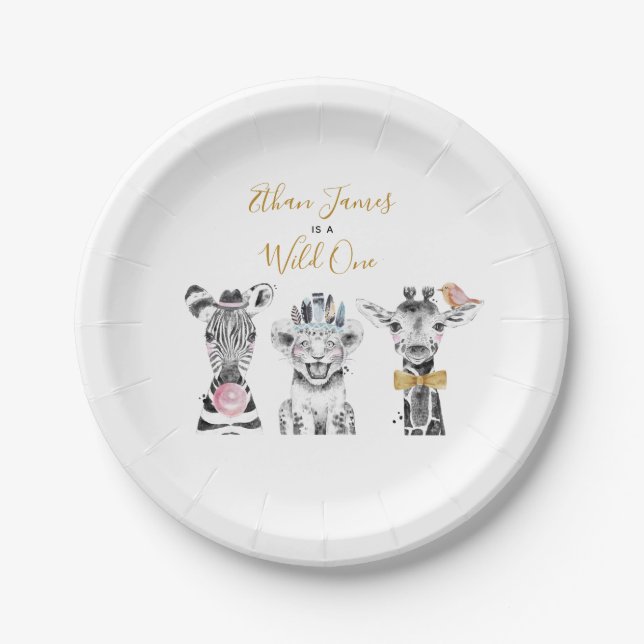 Wild One Animal Safari Black White Gold Birthday Paper Plate (Front)