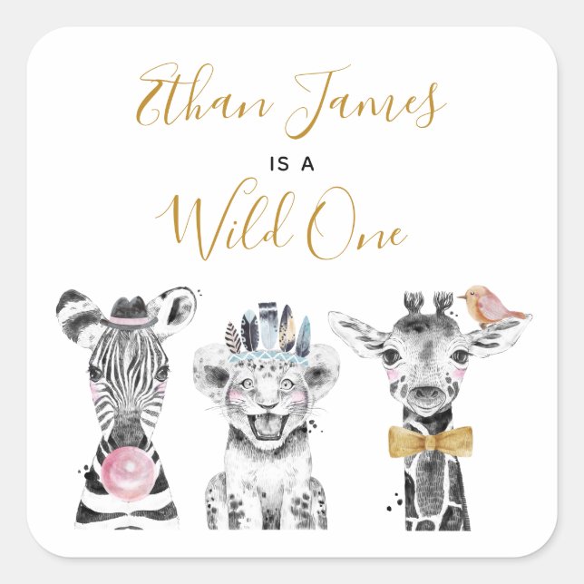 Wild One Animal Safari Black White Gold Birthday Square Sticker (Front)