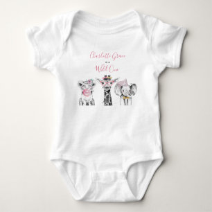Wild One Animal Safari Black White Pink Birthday Baby Bodysuit
