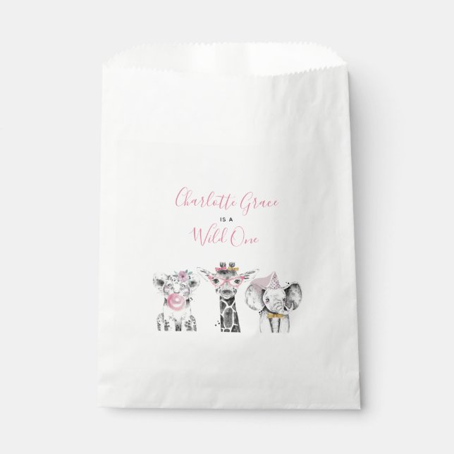 Wild One Animal Safari Black White Pink Birthday Favour Bags (Front)