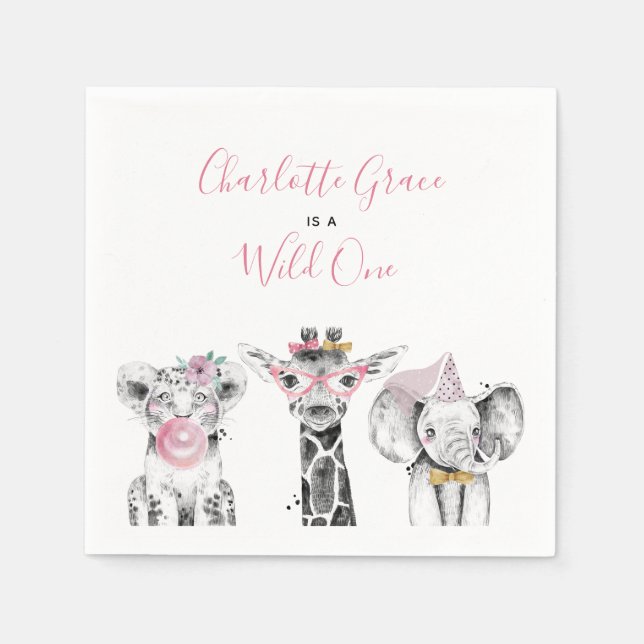 Wild One Animal Safari Black White Pink Birthday Napkin (Front)