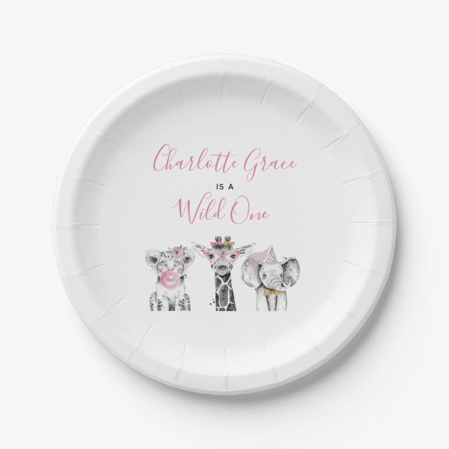 Wild One Animal Safari Black White Pink Birthday Paper Plate (Front)