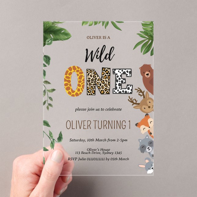 Wild One animal shape letters greenly 1st Birthday Acrylic Invitations (Insitu (Handheld))