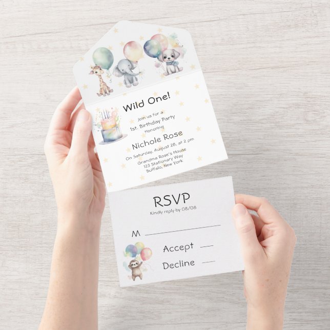 Wild One Animals 1st. Birthday Party All In One Invitation (Tearaway)