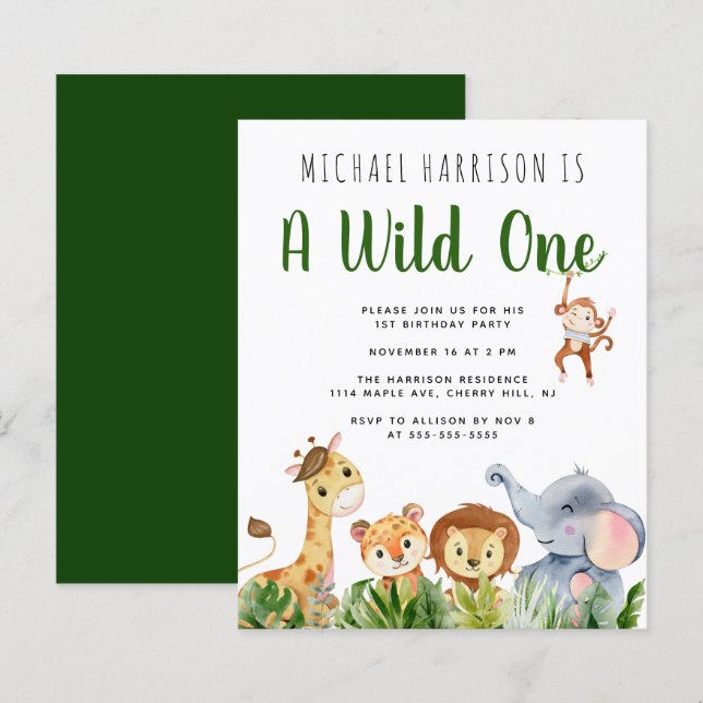 Wild One Animals 1st Birthday Party Invitation (Front/Back)