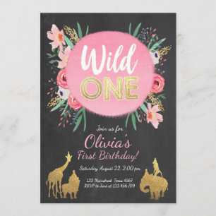 Wild One Animals Birthday Invitation Floral Gold