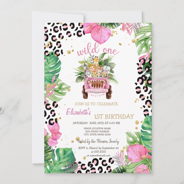 Wild One Animals Car,Palm Leaves 1st Birthday  Invitation (Front)