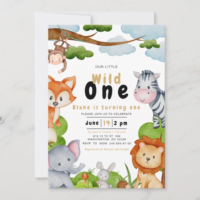 Wild One Animals First 1st Birthday Invitation (Front)