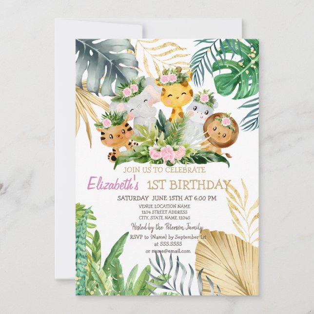 Wild One Animals Flowers Tropical 1st Birthday  Invitation (Front)