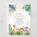 Wild One Animals Friends Tropical 1st Birthday Invitation<br><div class="desc">This first birthday invitation with watercolor wild animals,  and palm leaves.</div>