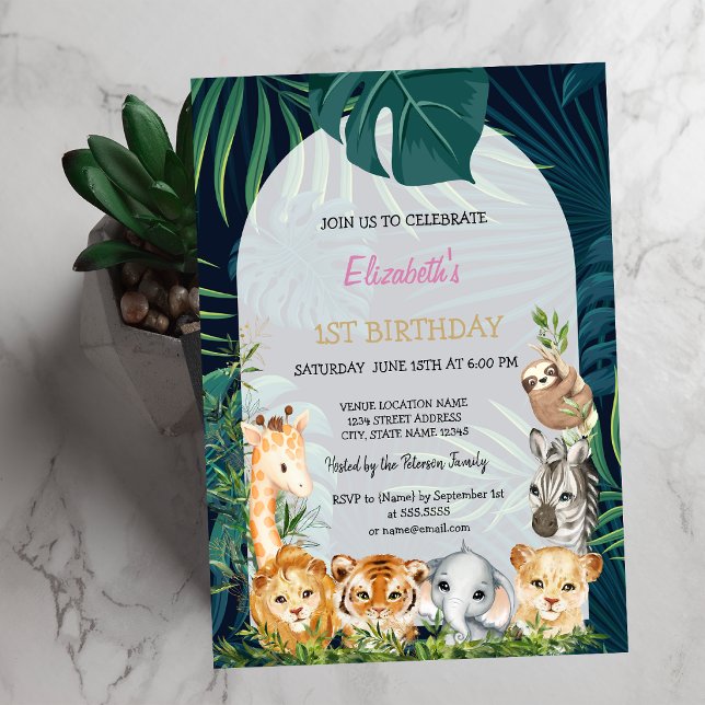 Wild One Animals Jungle Palm Leaves 1st   Invitation (Creator Uploaded)